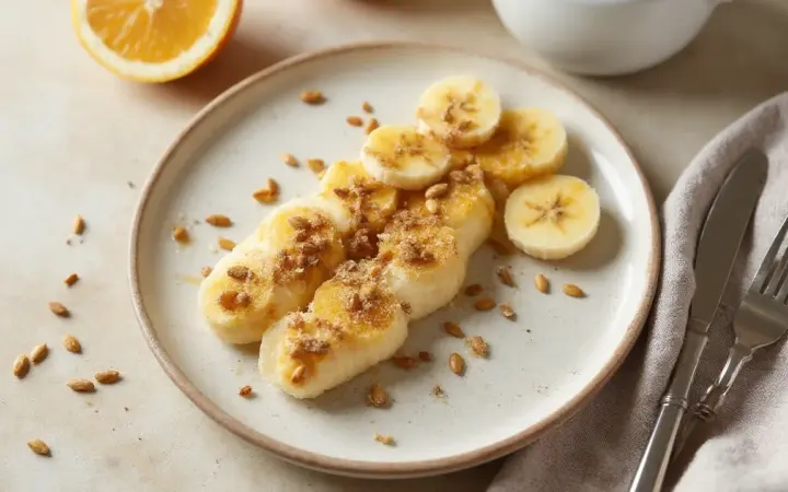 Generated illustration of banana with pumpkin seeds, not a photograph of the dish