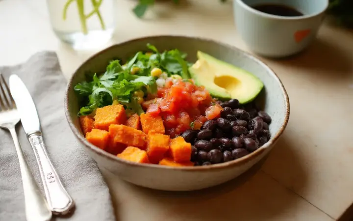 Generated illustration of black bean and sweet potato bowl, not a photograph of the dish