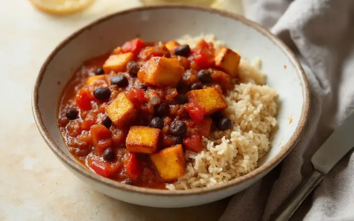 Black bean and tofu chilli with rice