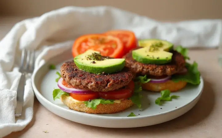 Generated illustration of black bean burgers on wholegrain bread, not a photograph of the dish