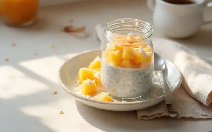 Chia pudding with mango and coconut