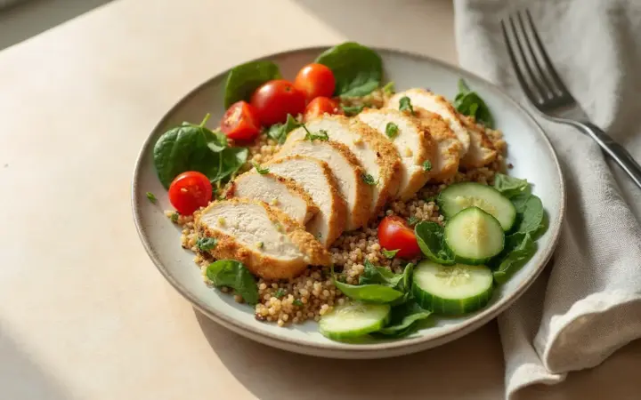 Generated illustration of chicken and quinoa salad, not a photograph of the dish