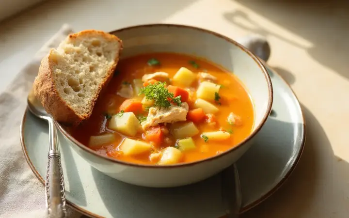 Generated illustration of chicken and vegetable soup with bread, not a photograph of the dish