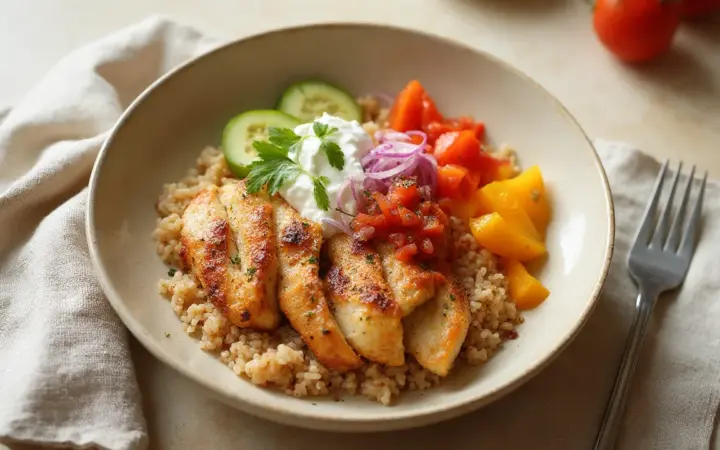 Generated illustration of chicken fajita bowl, not a photograph of the dish