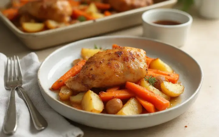 Chicken thigh, potato and carrot tray bake