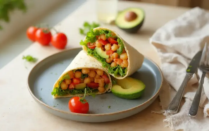 Generated illustration of chickpea and avocado wrap, not a photograph of the dish