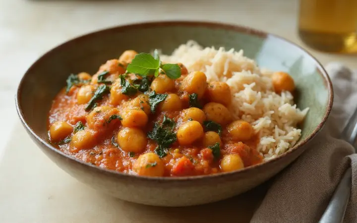 Generated illustration of chickpea and spinach curry with rice, not a photograph of the dish