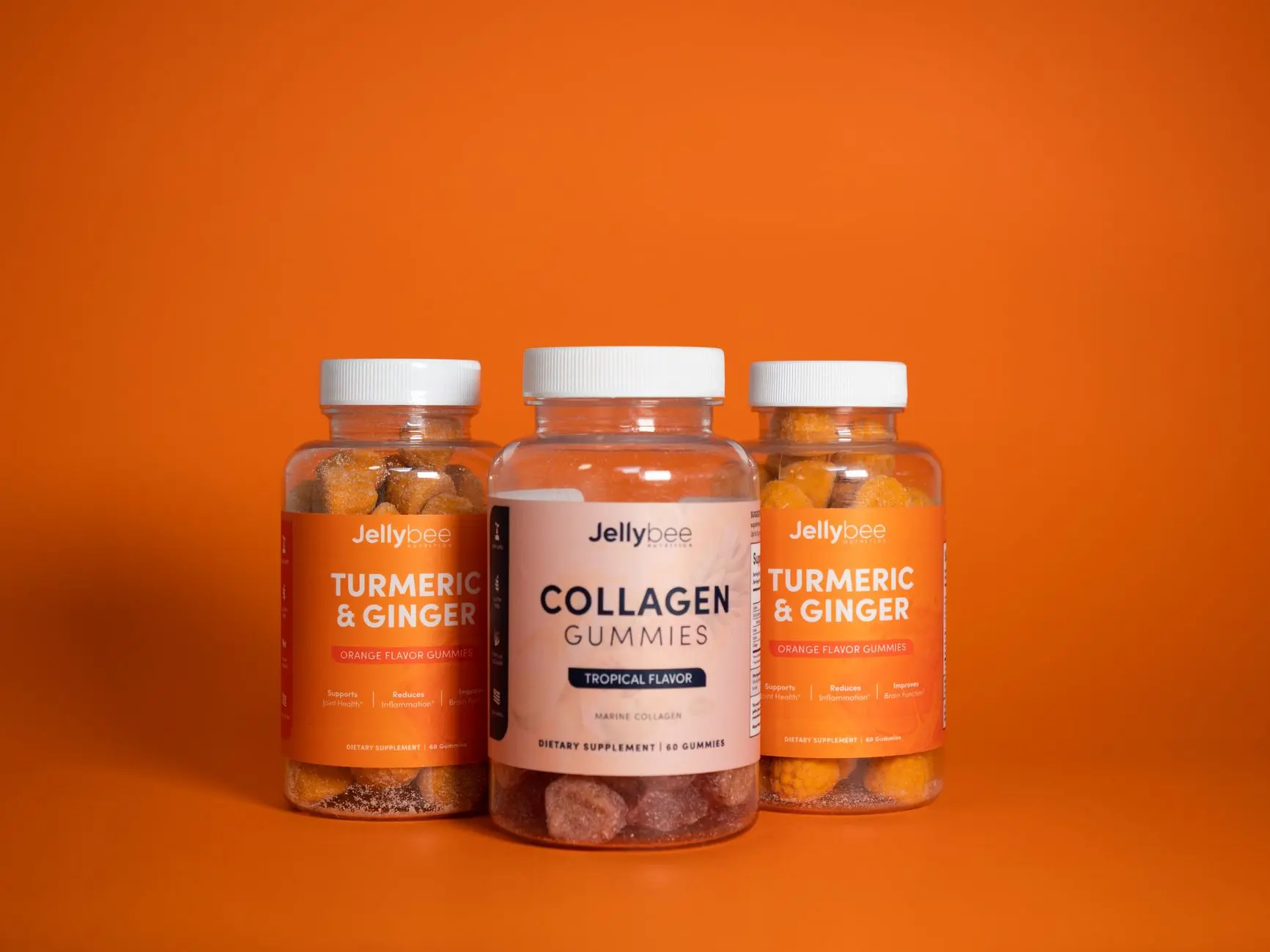 Colorful gummies with turmeric and collagen supplements in product shot