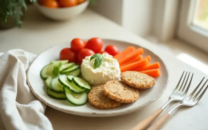 Cottage cheese and veg plate with rice cakes