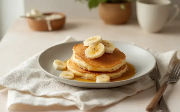 Generated illustration of cottage cheese pancakes with banana, not a photograph of the dish