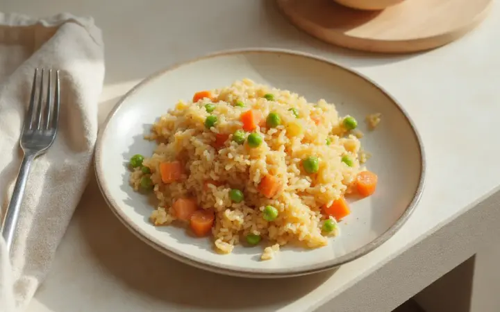 Egg fried rice with peas and carrots