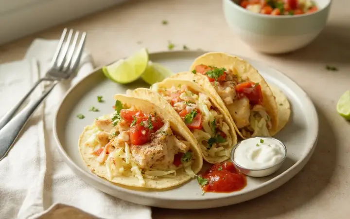 Generated illustration of fish tacos with slaw, not a photograph of the dish