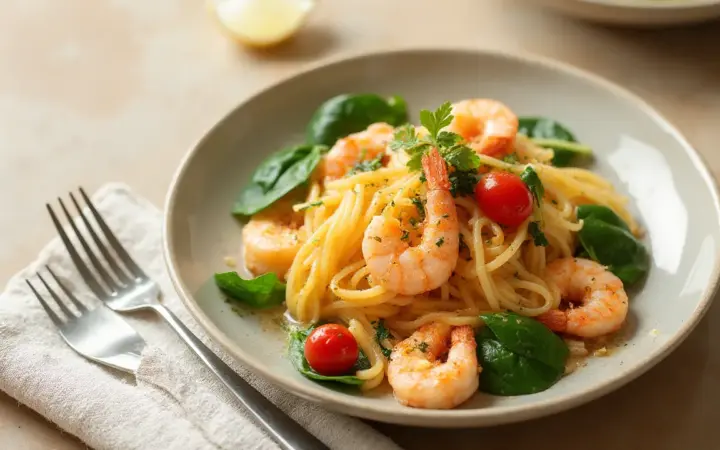 Garlic prawn pasta with spinach