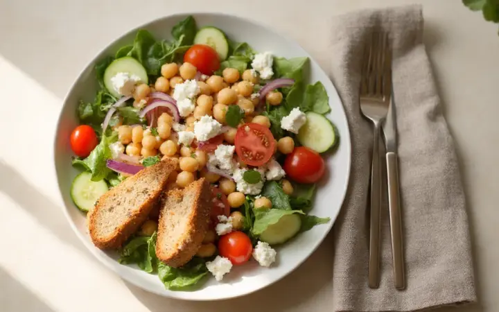 Greek salad with feta and chickpeas