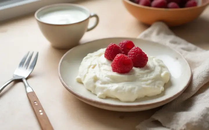 Generated illustration of greek yoghurt with raspberries, not a photograph of the dish