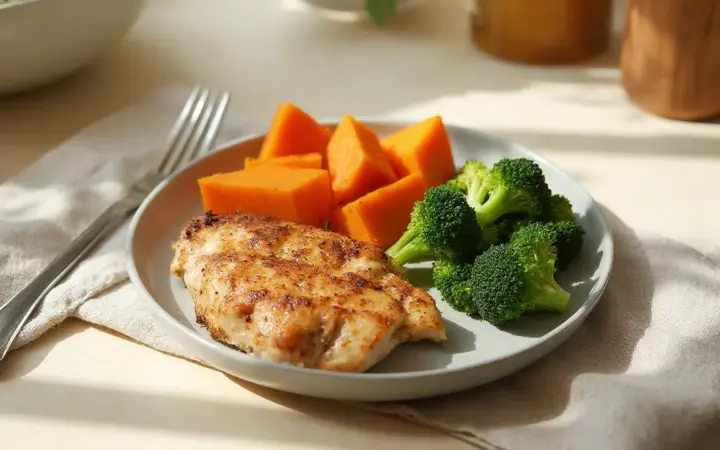 Grilled chicken with roast sweet potato and broccoli