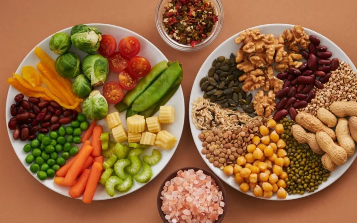 Vibrant display of assorted vegetables, legumes, nuts, and seeds on plates, perfect for healthy eating images.