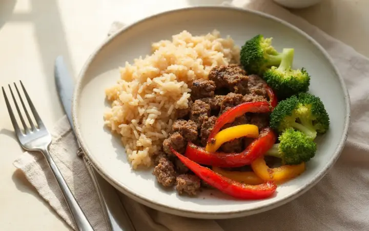 Lean beef and vegetable stir-fry with rice