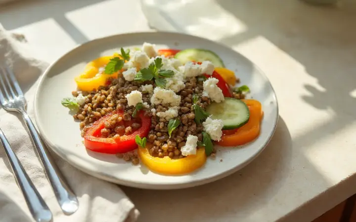 Generated illustration of lentil and feta salad, not a photograph of the dish