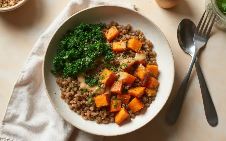 Lentil and roast sweet potato bowl