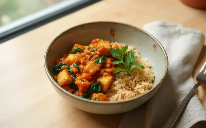 Lentil and tofu curry bowl