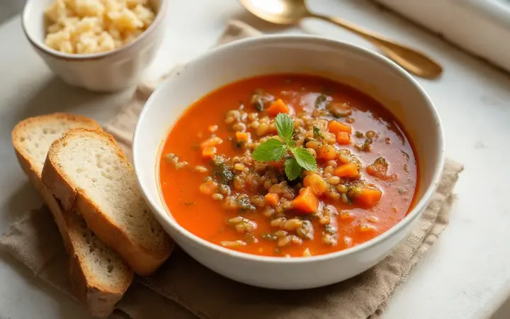 Lentil and tomato soup with wholegrain bread