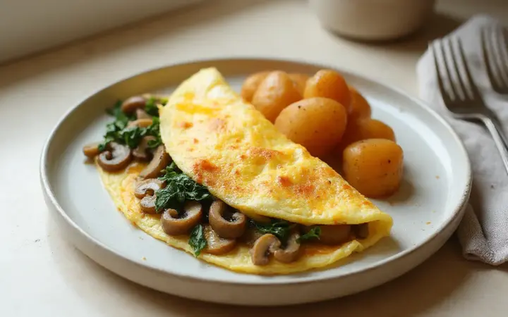 Mushroom and spinach omelette with potatoes