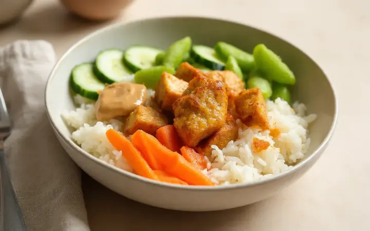 Peanut tofu rice bowl