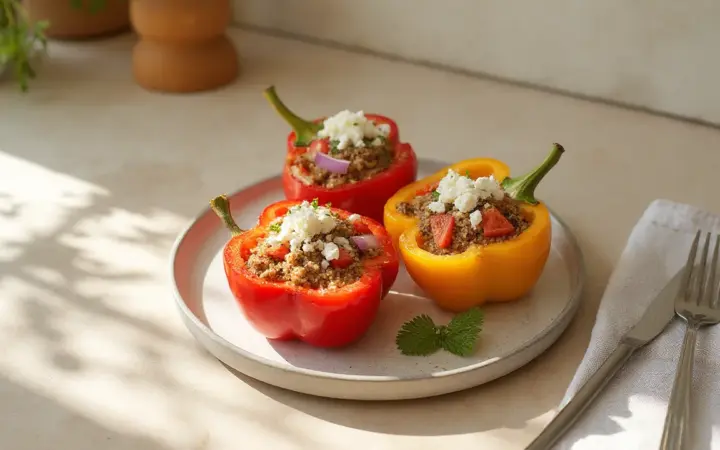Peppers stuffed with quinoa and feta