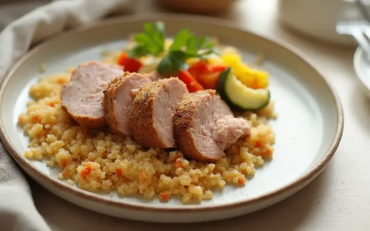Pork tenderloin with roast vegetables and couscous