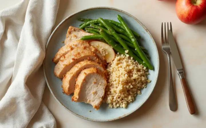 Generated illustration of pork with apple, bulgur and green beans, not a photograph of the dish