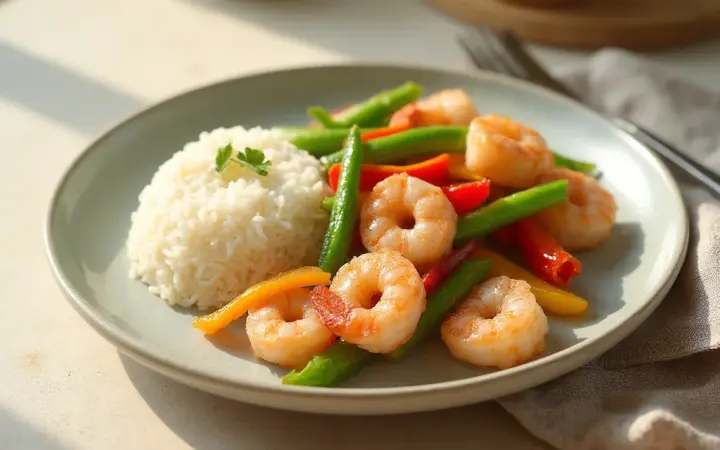 Prawn and green bean stir-fry with rice