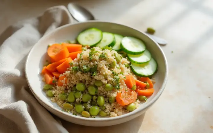 Generated illustration of quinoa and edamame salad, not a photograph of the dish
