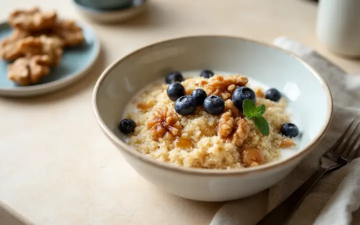 Generated illustration of quinoa breakfast bowl with blueberries and walnuts, not a photograph of the dish