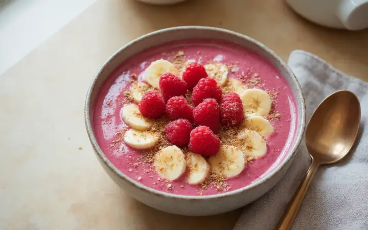 Generated illustration of raspberry protein smoothie bowl, not a photograph of the dish