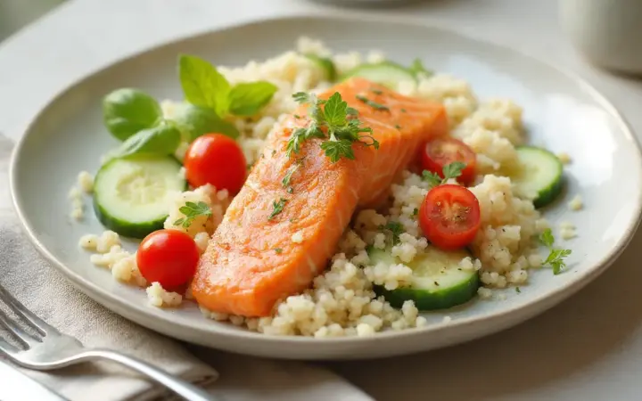 Generated illustration of salmon and couscous salad, not a photograph of the dish