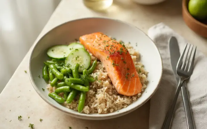 Salmon and edamame rice bowl