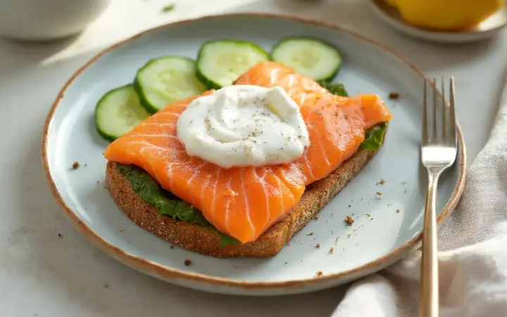 Generated illustration of salmon and yoghurt toast with cucumber, not a photograph of the dish