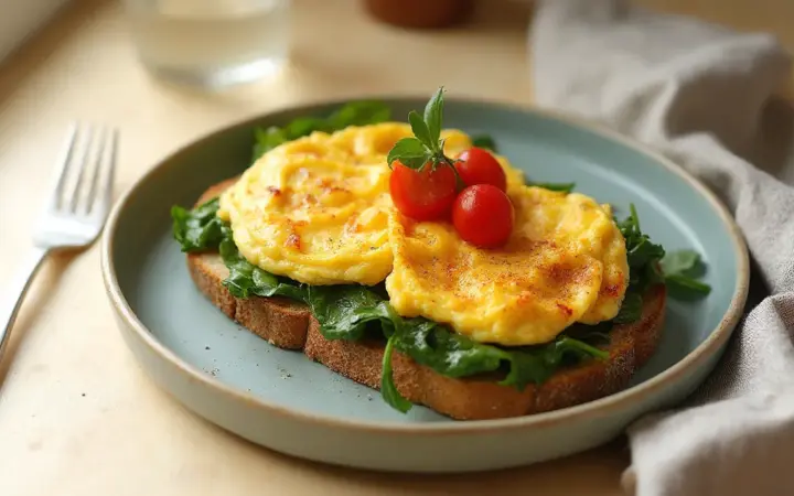 Generated illustration of scrambled eggs on wholegrain toast with spinach, not a photograph of the dish