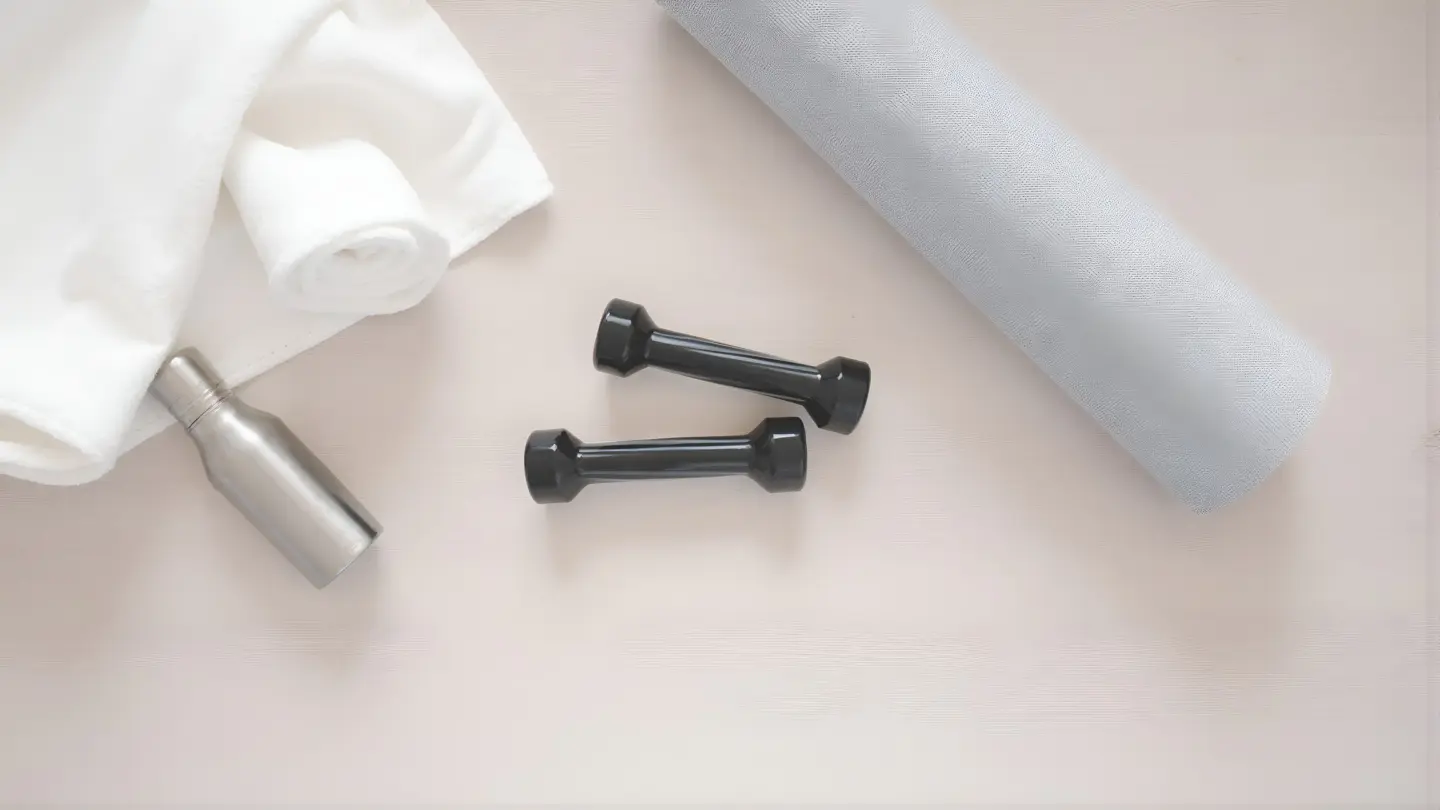 Seen from directly above, filling the frame, on a light wooden floor: a pair of small black dumbbells, a rolled white co, generated illustration