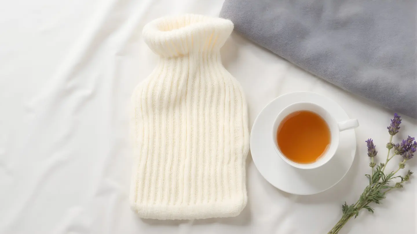 Seen from directly above, filling the frame, on a pale linen cloth: a hot water bottle in a cream knitted cover, a cup o, generated illustration
