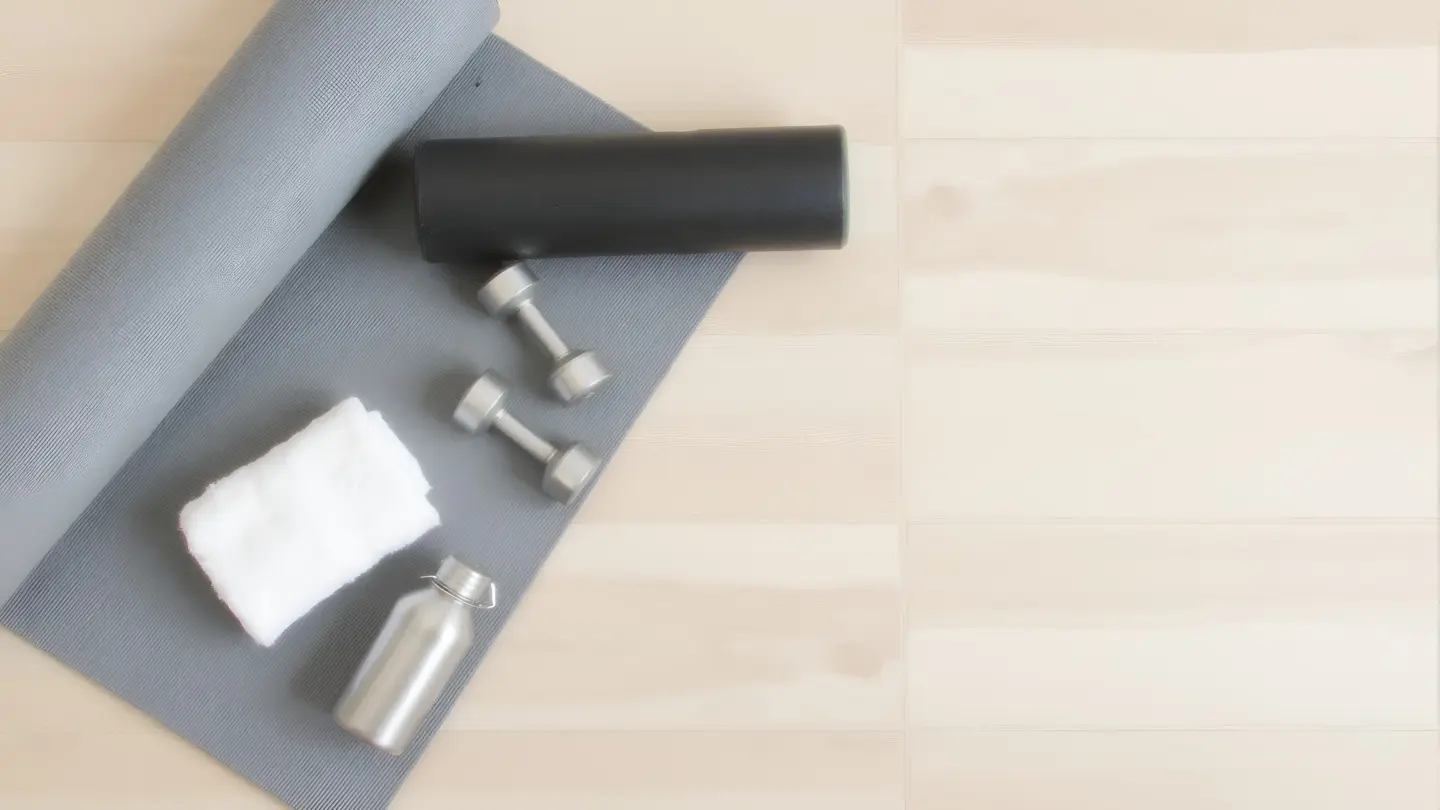 Seen from directly above on a light wooden floor, the objects spread evenly across the whole frame: a rolled grey yoga m, generated illustration