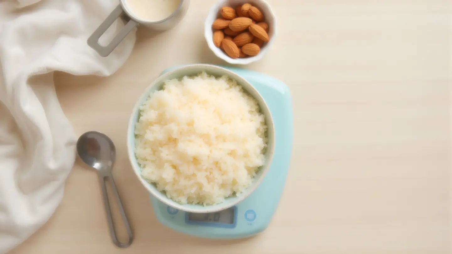 Seen from directly above on a light wooden table, a kitchen scale holding a bowl of cooked rice, a measuring cup, a smal, generated illustration