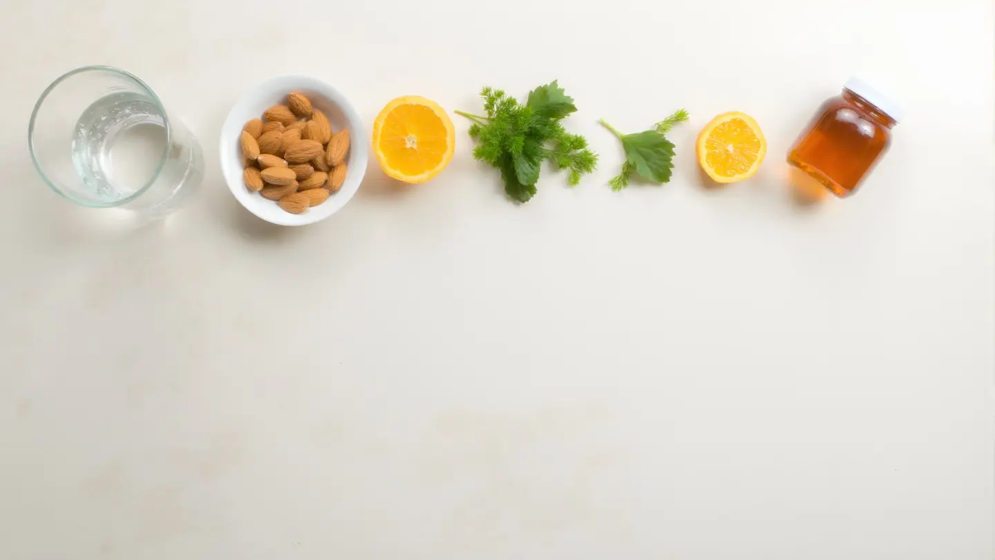 Seen from directly above on a pale stone worktop, the objects spread evenly across the whole frame: a glass of water, a , generated illustration