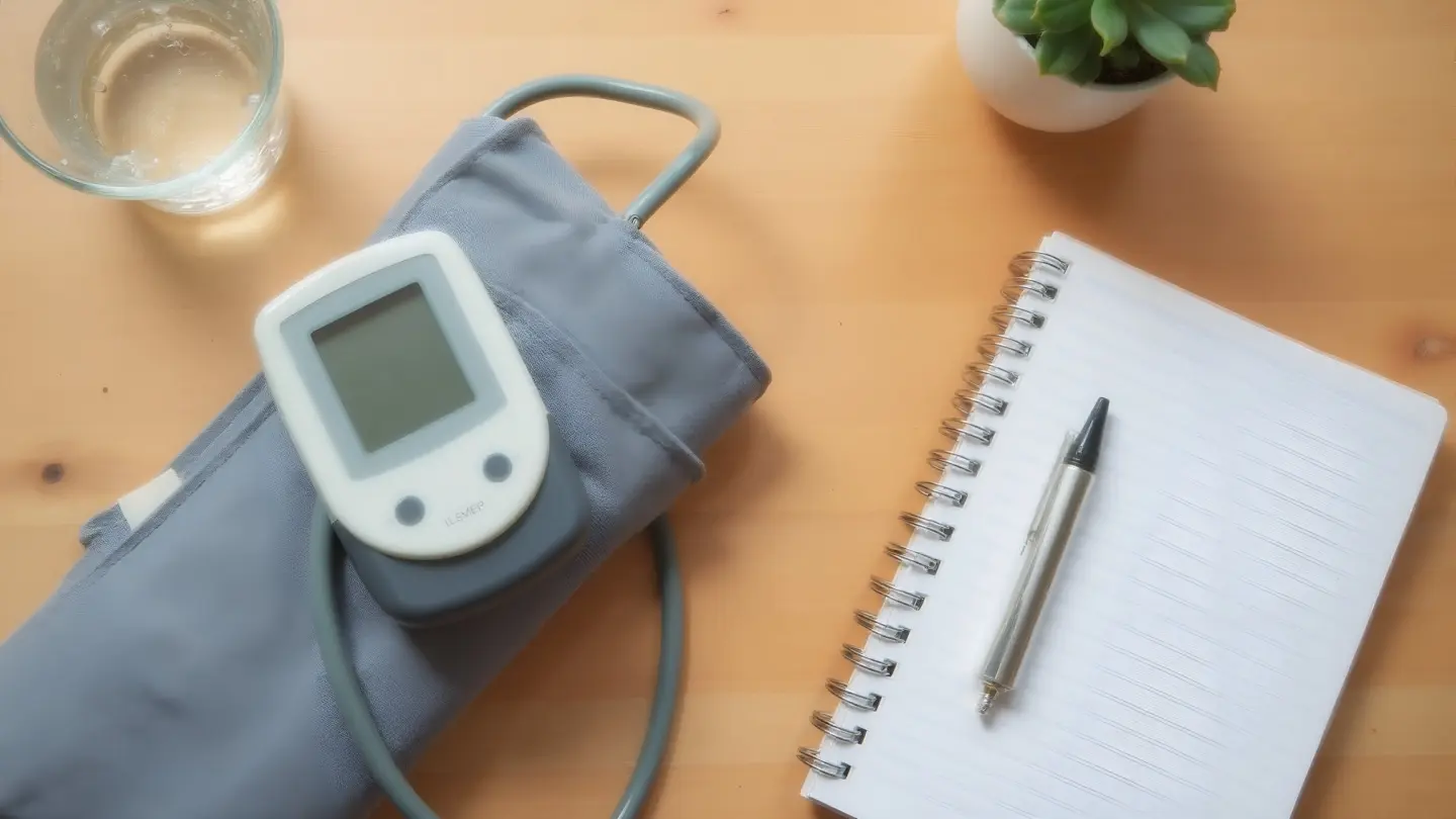 Seen from directly above on a wooden desk, a home blood pressure cuff with its small monitor, a glass of water and a clo, generated illustration
