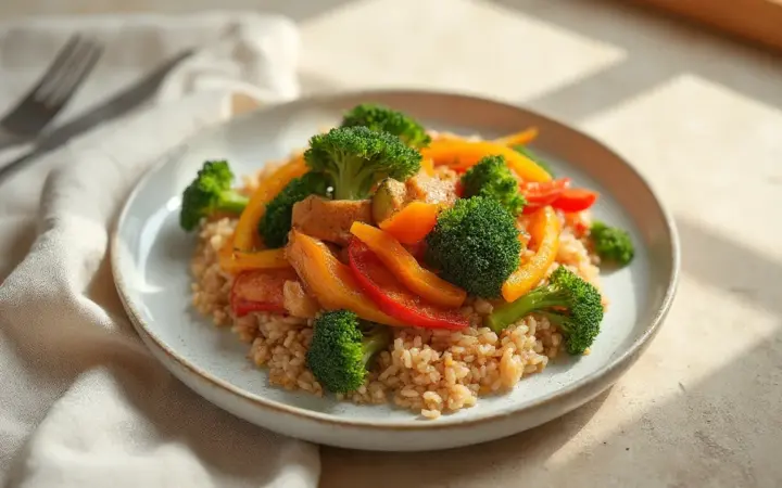 Seitan and vegetable stir-fry with rice
