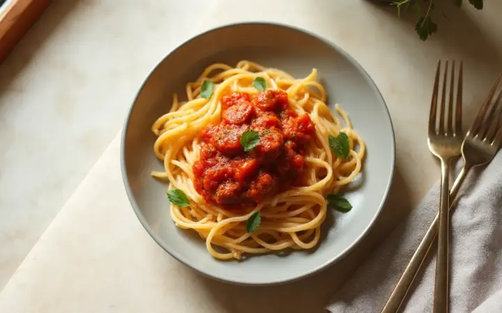 Generated illustration of seitan bolognese with wholewheat pasta, not a photograph of the dish