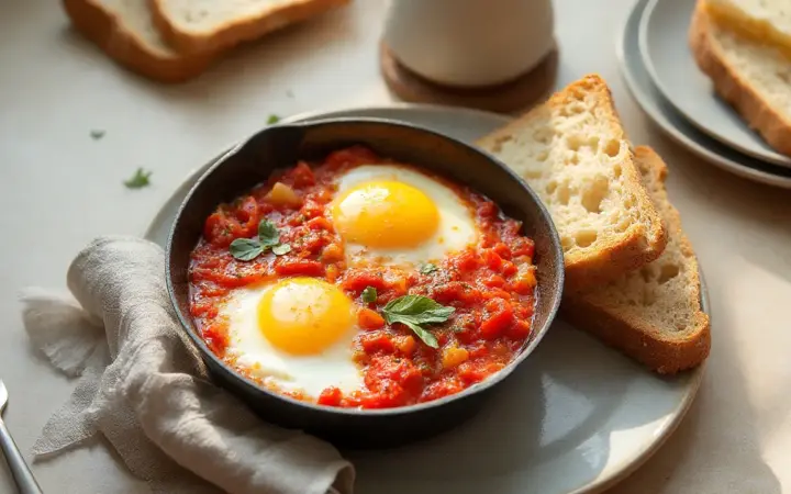 Generated illustration of shakshuka with wholegrain bread, not a photograph of the dish