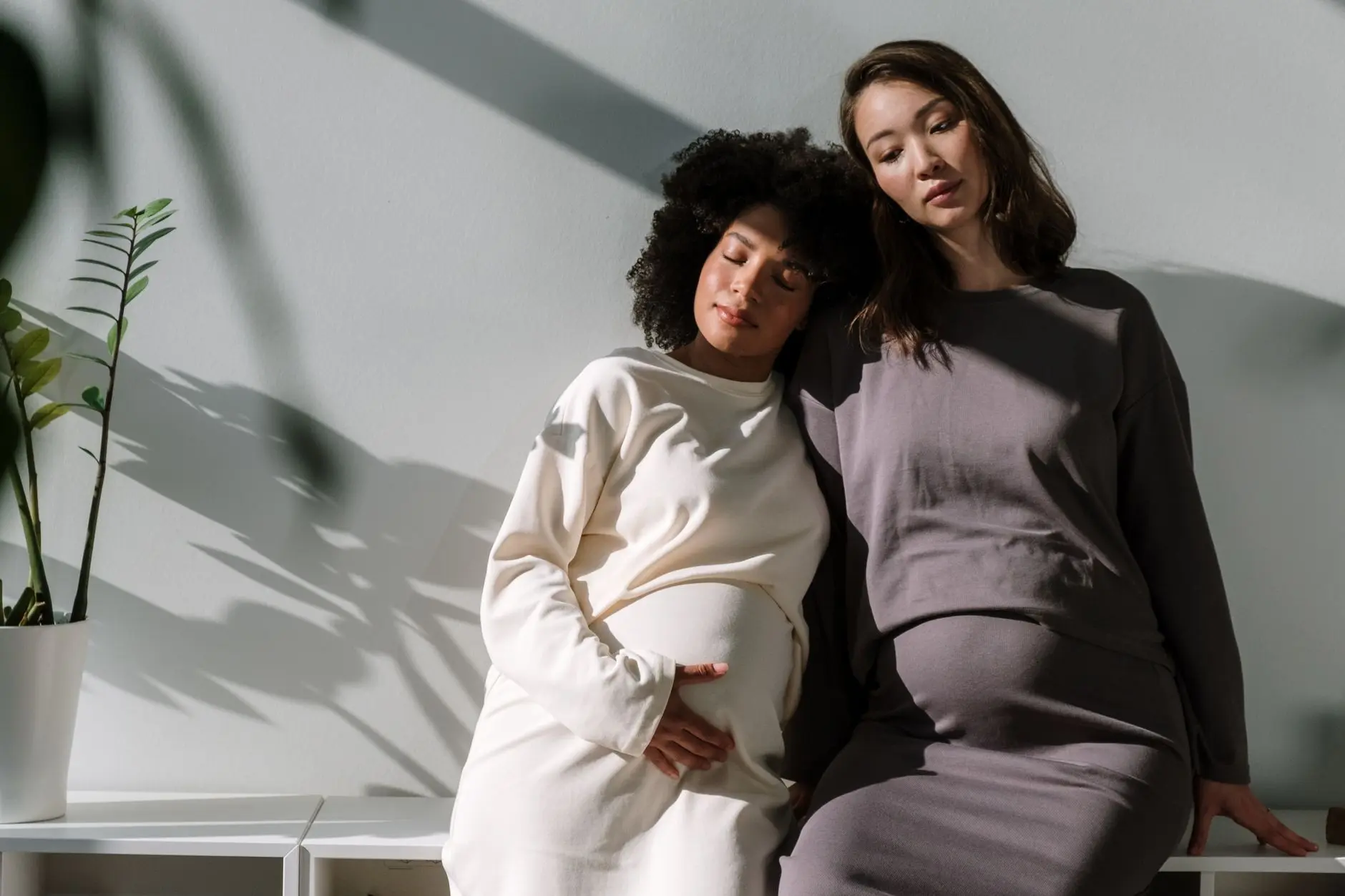 Two pregnant women resting in a sunlit room, conveying peaceful maternity and diversity