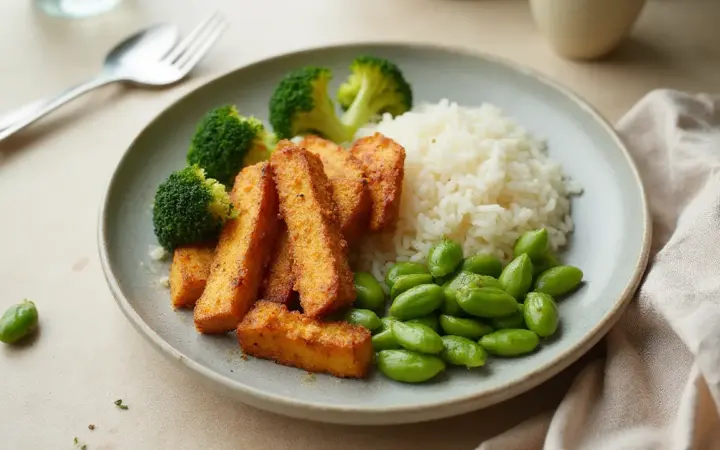 Generated illustration of tempeh and edamame stir-fry with rice, not a photograph of the dish